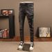 Men's Distressed Black/Gray Slim Fit Jeans – Stretch Denim With Ripped & Patched Details, Straight Leg Casual Pants_mkmklike.com