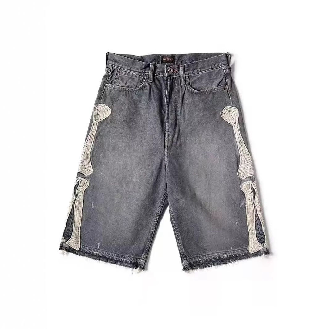 Men's Clothing Summer Men's Denim Shorts High Street Trendy Five Point Loose Straight Leg Style Embroidered Bones_mkmklike.com