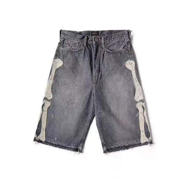 Men's Clothing Summer Men's Denim Shorts High Street Trendy Five Point Loose Straight Leg Style Embroidered Bones_mkmklike.com