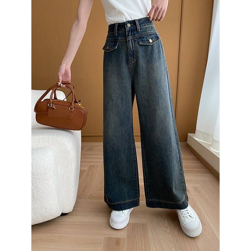 Vintage Blue High-Waisted Wide-Leg Jeans For Women - Distressed Denim With Raw Hem & Utility Pockets - Comfortable Cotton Trousers For Casual_mkmklike.com