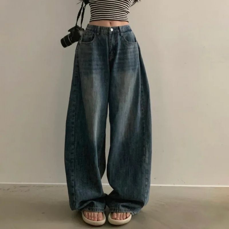 Korean High-Waisted Straight Jeans With Side Pleats – Vintage Washed Denim Pants (Dongdaemun Premium, Flared Leg Opening)_mkmklike.com