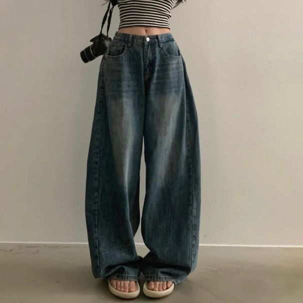 Korean High-Waisted Straight Jeans With Side Pleats – Vintage Washed Denim Pants (Dongdaemun Premium, Flared Leg Opening)_mkmklike.com