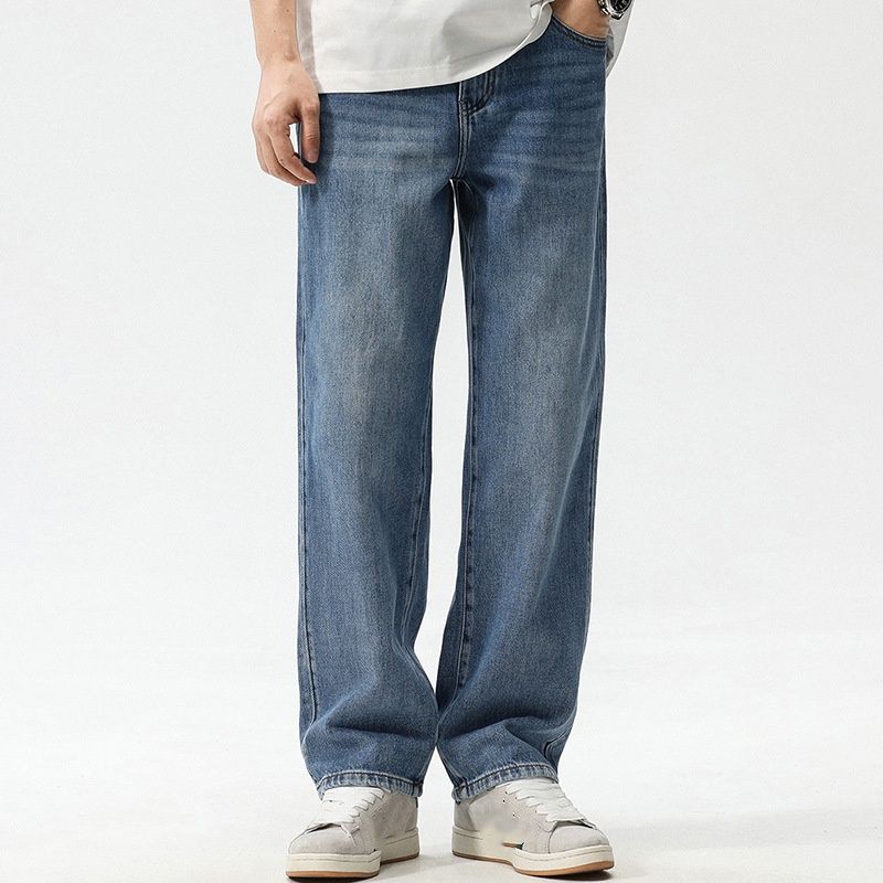 Loose Fit Casual Jeans For Men Street Style Washed Blue Loose Straight Leg Korean Style Wide Leg Jeans_mkmklike.com