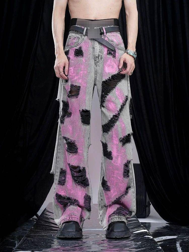 Streetwear Tie-Dye Jeans For Men - Oversized Straight Leg Denim Pants With Gradient Wash Breathable Cotton Construction_mkmklike.com