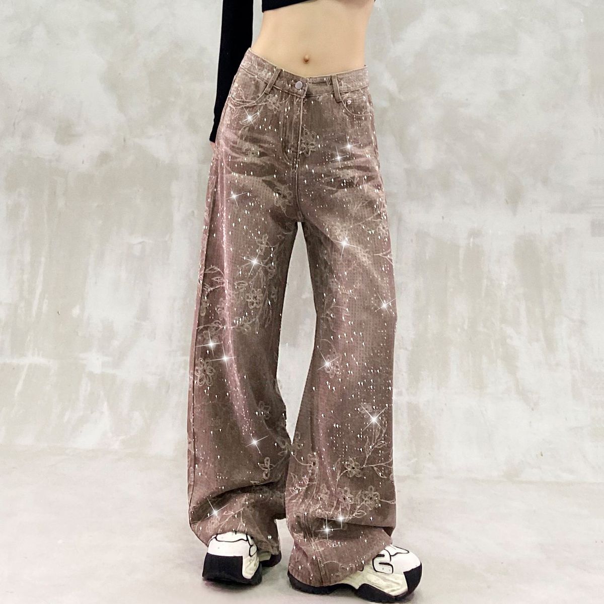 Women's Clothing Women's High-Waisted Straight Leg Jeans Loose Fit Slimming Wide Leg Denim With Starry Sky Rhinestone Print For Autumn_mkmklike.com