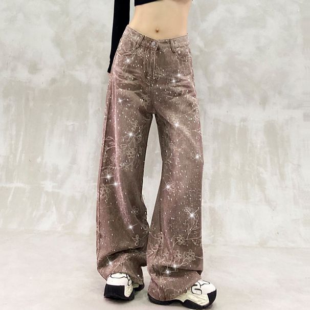 Women's Clothing Women's High-Waisted Straight Leg Jeans Loose Fit Slimming Wide Leg Denim With Starry Sky Rhinestone Print For Autumn_mkmklike.com