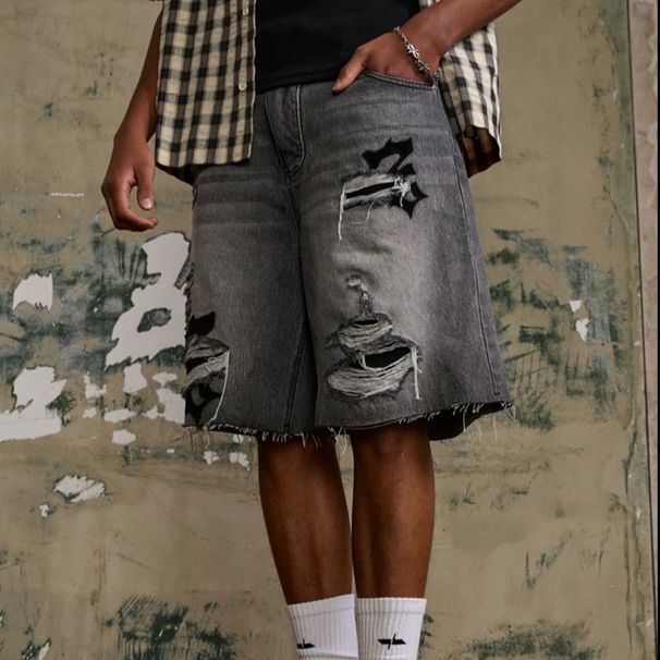 Men's Distressed Denim Shorts, Vintage Washed Blue High-Street 5-Inch Casual Cargo Shorts With Ripped Details, Relaxed Fit Summer Shorts_mkmklike.com