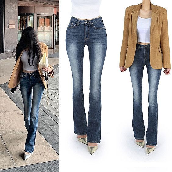 Women's Clothing Women's High Waist Flared Jeans - Vintage Washed Denim Pants With Stretch, Slim Fit & Distressed Details (Dark Blue)_mkmklike.com