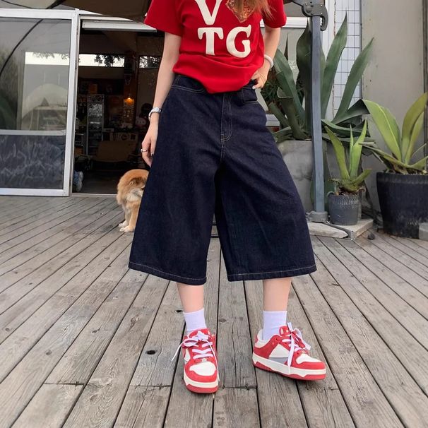 Women's Clothing Women's Retro Letter Print Capri Pants High Street Style Loose Fit Slimming Wide Leg Denim Summer Shorts_mkmklike.com