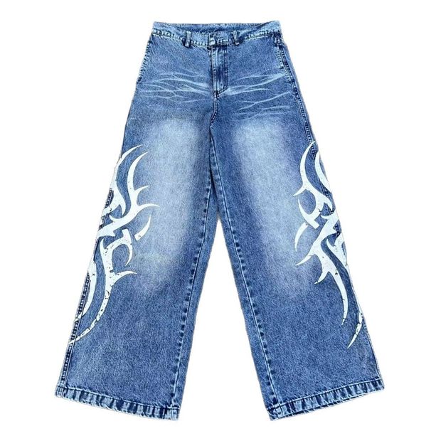 High Street Washed Pattern Print Straight Leg Jeans Casual Wide Leg Pants For Men And Women_mkmklike.com