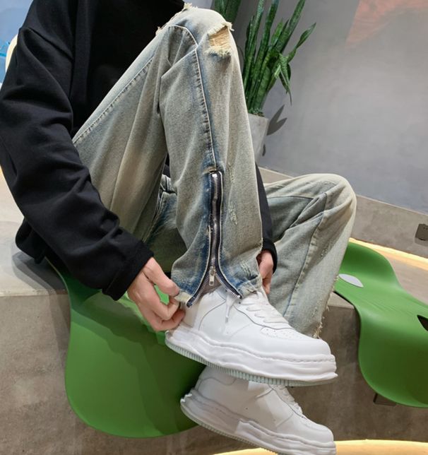 Men's Clothing Ripped Jeans For Men Niche Design High Street Vibe Trendy Brand American Summer Ins Zipper Pants For Men_mkmklike.com