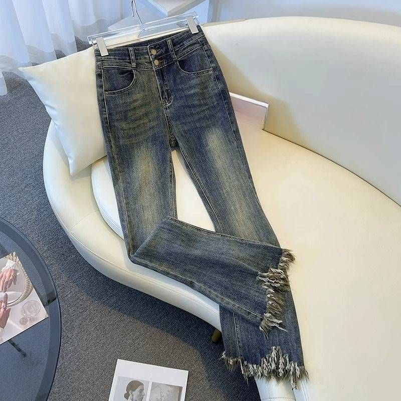 Women’s Clothing Tassel raw edge high waist flared jeans for women autumn new style distressed retro slimming horseshoe trousers trend_mkmklike.com