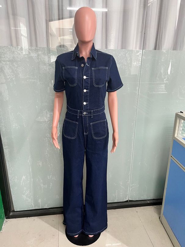 Loose Elastic Flared Washed Short Sleeved Denim Jumpsuit Jumpsuit Wide Leg Pants_mkmklike.com