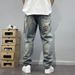 Men's Heavyweight Washed Distressed Denim Jeans Casual Tapered Straight Leg mid Waist Cotton Zipper Fly with Patches Embroidered Prints_mkmklike.com