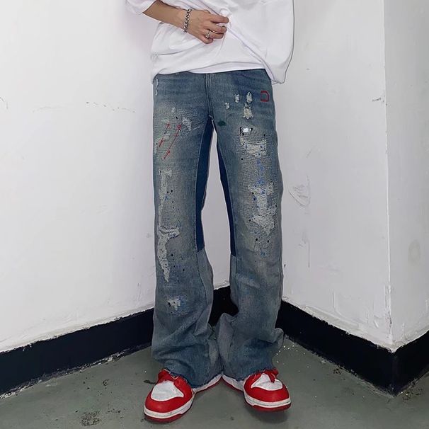 Men's Clothing High Street European And American English Embroidery Ripped Retro Jeans Trousers Men's Knife Cut Pants_mkmklike.com
