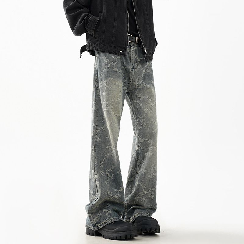 American High Street Vibe Jacquard Jeans For Men, Spring Trendy Brand Washed Straight Casual Pants, Loose Fit, Stylish_mkmklike.com