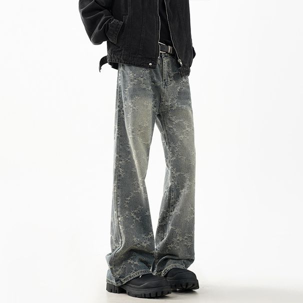 American High Street Vibe Jacquard Jeans For Men, Spring Trendy Brand Washed Straight Casual Pants, Loose Fit, Stylish_mkmklike.com