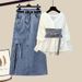 Women's Hooded Drawstring Slim Top Denim Skirt Two-piece Trendy Set_mkmklike.com