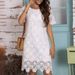 Women'sNew Solid Color Short Sleeve Dress Women's Round Neck Hollow Lace Dress A-Line Dress_mkmklike.com