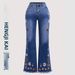 Retro Dark Blue Embroidered Flared Jeans High Waisted Floor Length Women's Pants All Seasons Cross Border Style_mkmklike.com