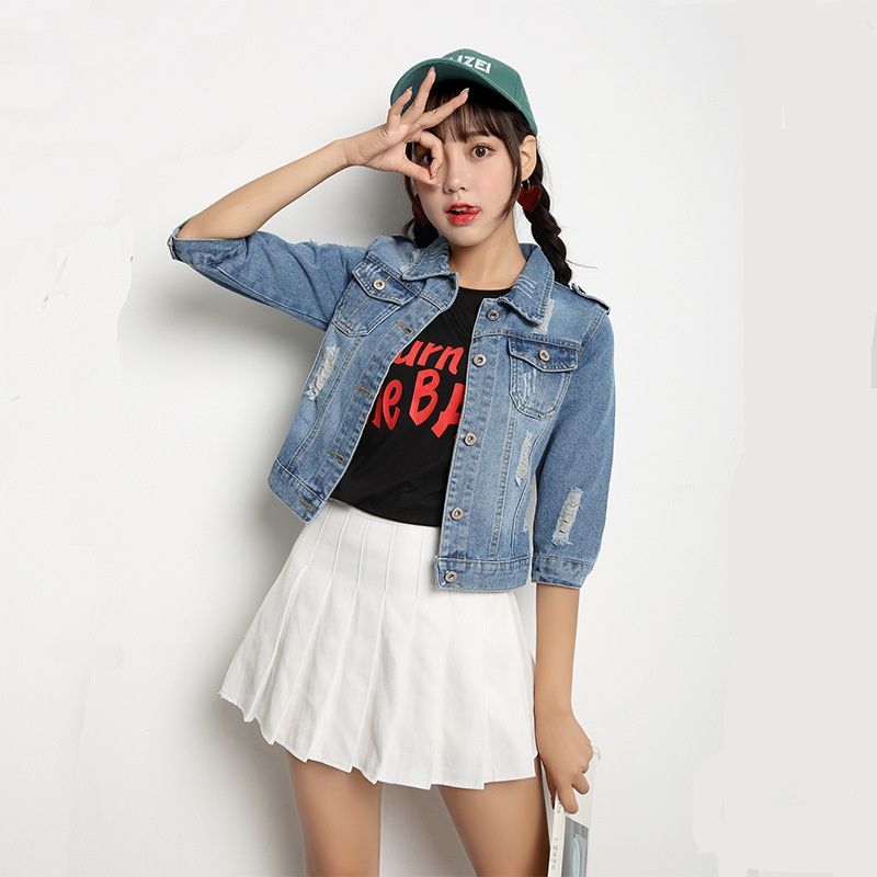 Chicco Women's Slim Fit Korean Style Trendy Versatile Solid Color Long Sleeve Short Jacket Spring Autumn Denim Top Distressed_mkmklike.com