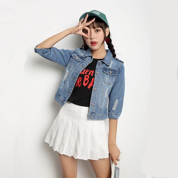 Chicco Women's Slim Fit Korean Style Trendy Versatile Solid Color Long Sleeve Short Jacket Spring Autumn Denim Top Distressed_mkmklike.com