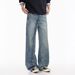 Unisex Retro Distressed Washed Straight Leg Jeans Design Slanted Placket Button Trousers Loose Floor Length_mkmklike.com