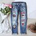 Women’s Clothing fashion women's mid waist straight jeans ripped fashion printed jeans women_mkmklike.com