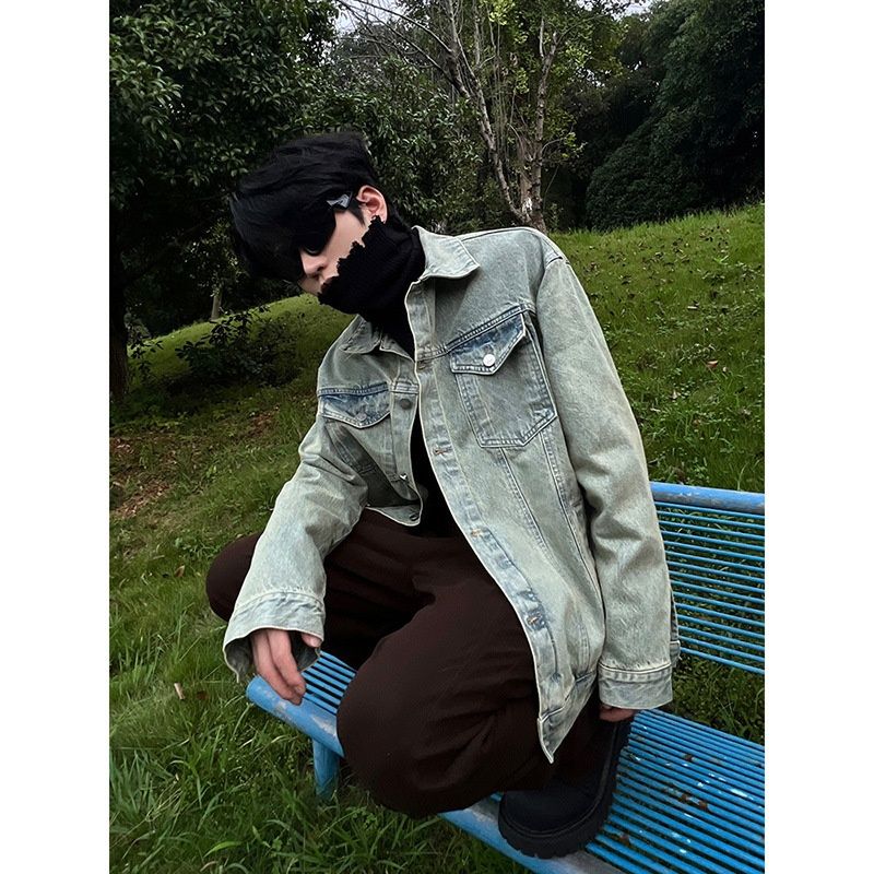 Loom High Vibes Style Trendy Brand European And American Street Tie-Dye Workwear Retro Cross Denim Jacket For Men_mkmklike.com