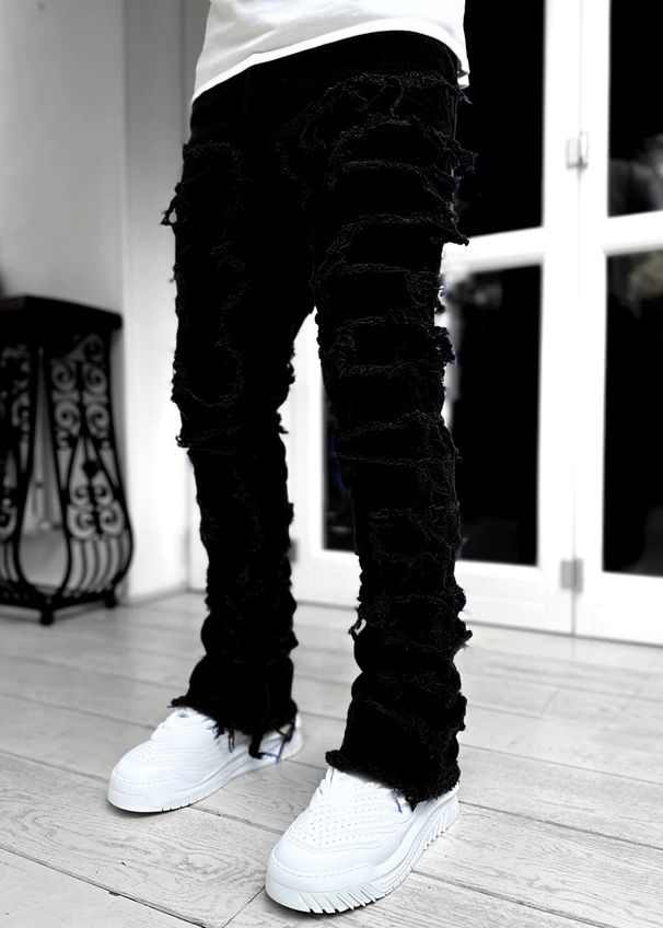 Men's New Denim Straight Leg Pants Fashion Ins Elastic Patch Denim Pants_mkmklike.com