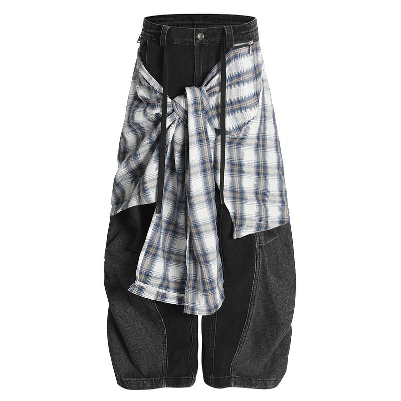Men's Clothing American Retro Plaid Skirt Stitching Scimitar Jeans Hip Hop Wide Leg Pants For Men And Women_mkmklike.com