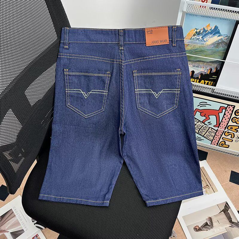 Summer Thin Men's Denim Shorts Casual Straight Leg Loose Fit Mid-Length Five-Pocket Stretch Riding Pants_mkmklike.com