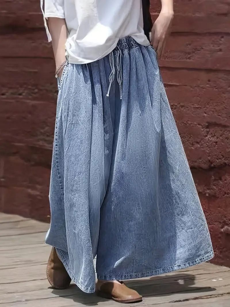 Women's Artistic Retro Wide Leg Jeans Drawstring Casual Loose Fit Long Pants 2025 Cross Border Fashion_mkmklike.com