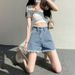 Women's High-Waisted Wide Leg Denim Shorts Casual Thin Style Slimming A-Line Hot Pants Frayed Hem Trendy Petite Versatile_mkmklike.com