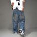 Post-Apocalyptic Washed Jeans – Distressed Oversized Straight-Leg Denim Pants For Men – Grunge Streetwear With Dirty Wash (Dark Blue, S-3xl)_mkmklike.com