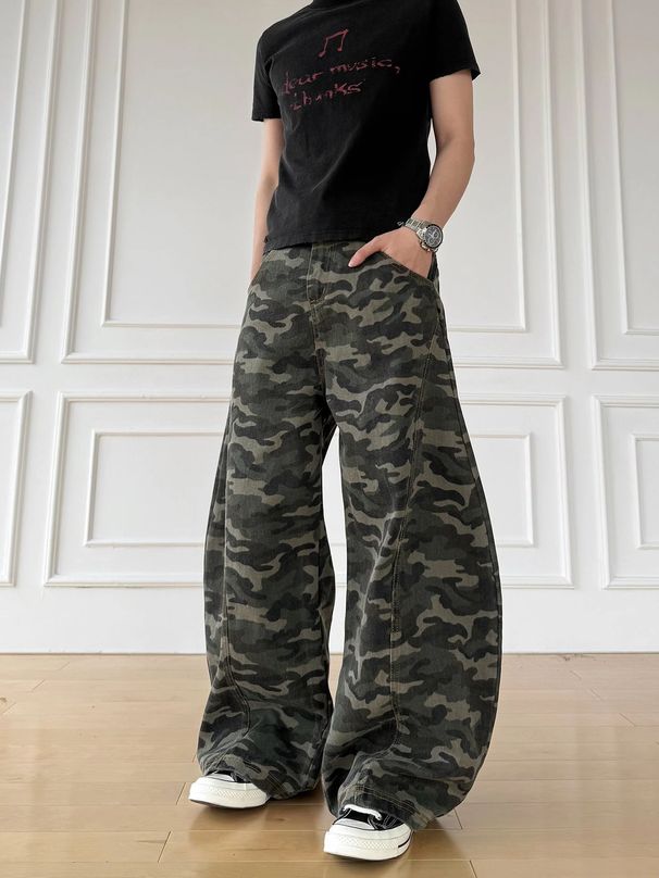Retro Cleanfit Camo Jeans - Relaxed Carpenter Pants With Curved Hem (S-XXXL, Washed Green)_mkmklike.com