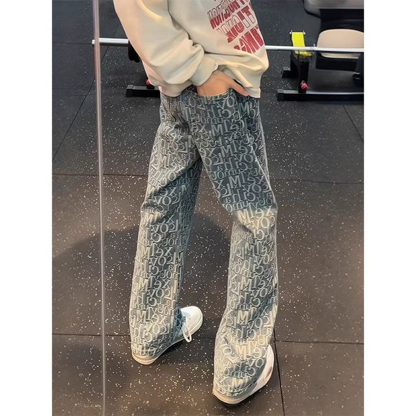 Men's Letter Print Flared Jeans – Vintage High Street Slim Fit Denim Pants With Distressed Wash (Light Blue/Dark Blue, M-Xxxl)_mkmklike.com