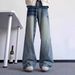 Retro Washed Distressed Patchwork Jeans For Men Loose Straight Wide Leg Trendy Floor Length High Street Style_mkmklike.com