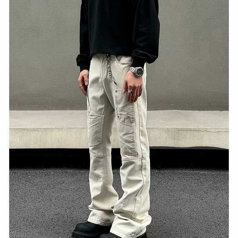 High Street Pocket Vibe Workwear Casual For Men And Women Logging American Straight Leg Micro Pull Zipper Pants_mkmklike.com