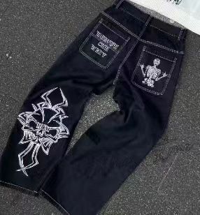 Y2K Jeans New Harajuku Hip Hop Men's Retro Skull Graphic Embroidered Baggy Jeans Denim Pants Men Goth High Waist Wide Trousers_mkmklike.com