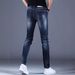 Men's Slim Fit Stretch Ripped Jeans Dark Blue Multi-Layered Distressed Skinny Denim Mid Waist Simple Design_mkmklike.com