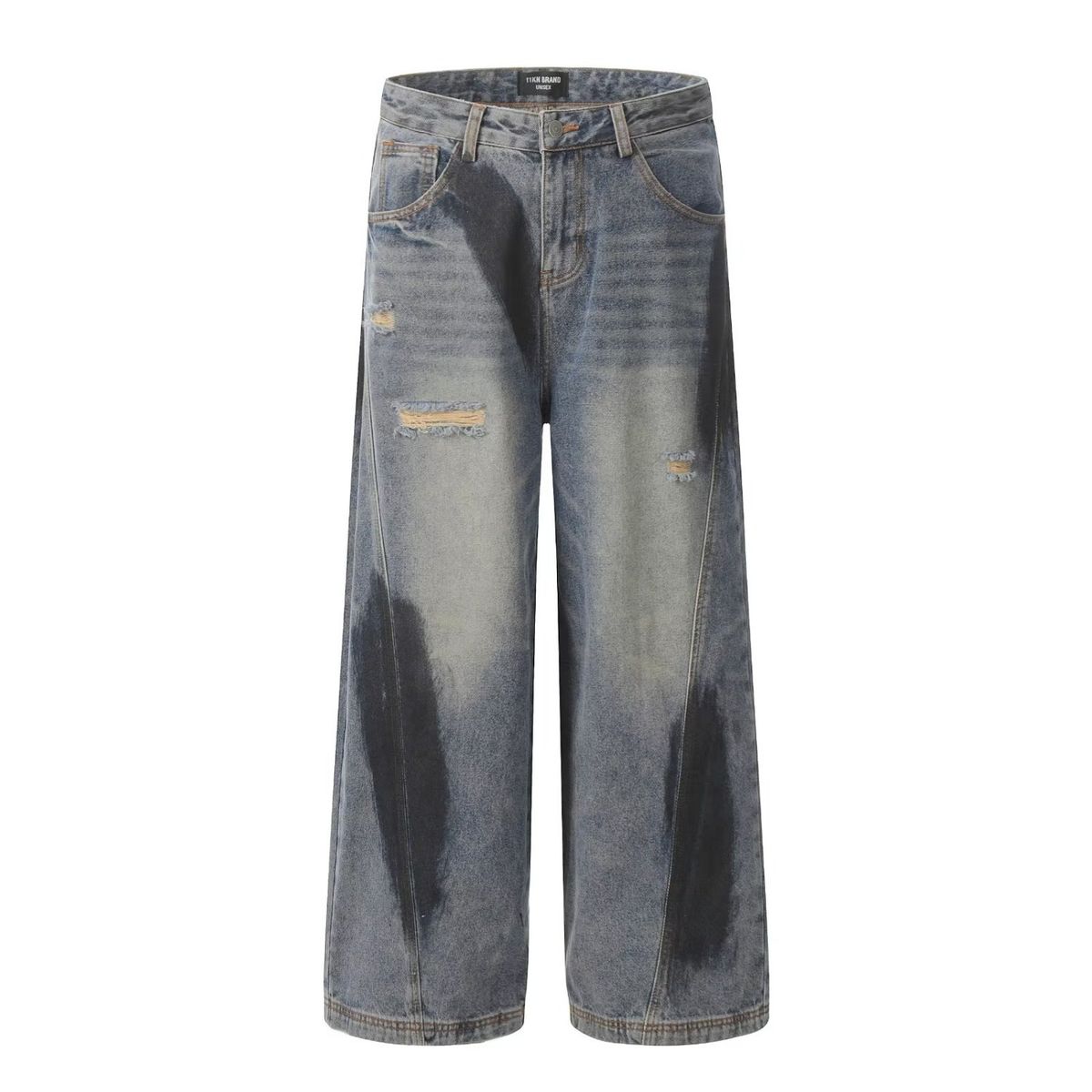Unisex High Street Vibe Ripped Jeans Retro Washed Loose Straight Leg Wide Leg Pants_mkmklike.com