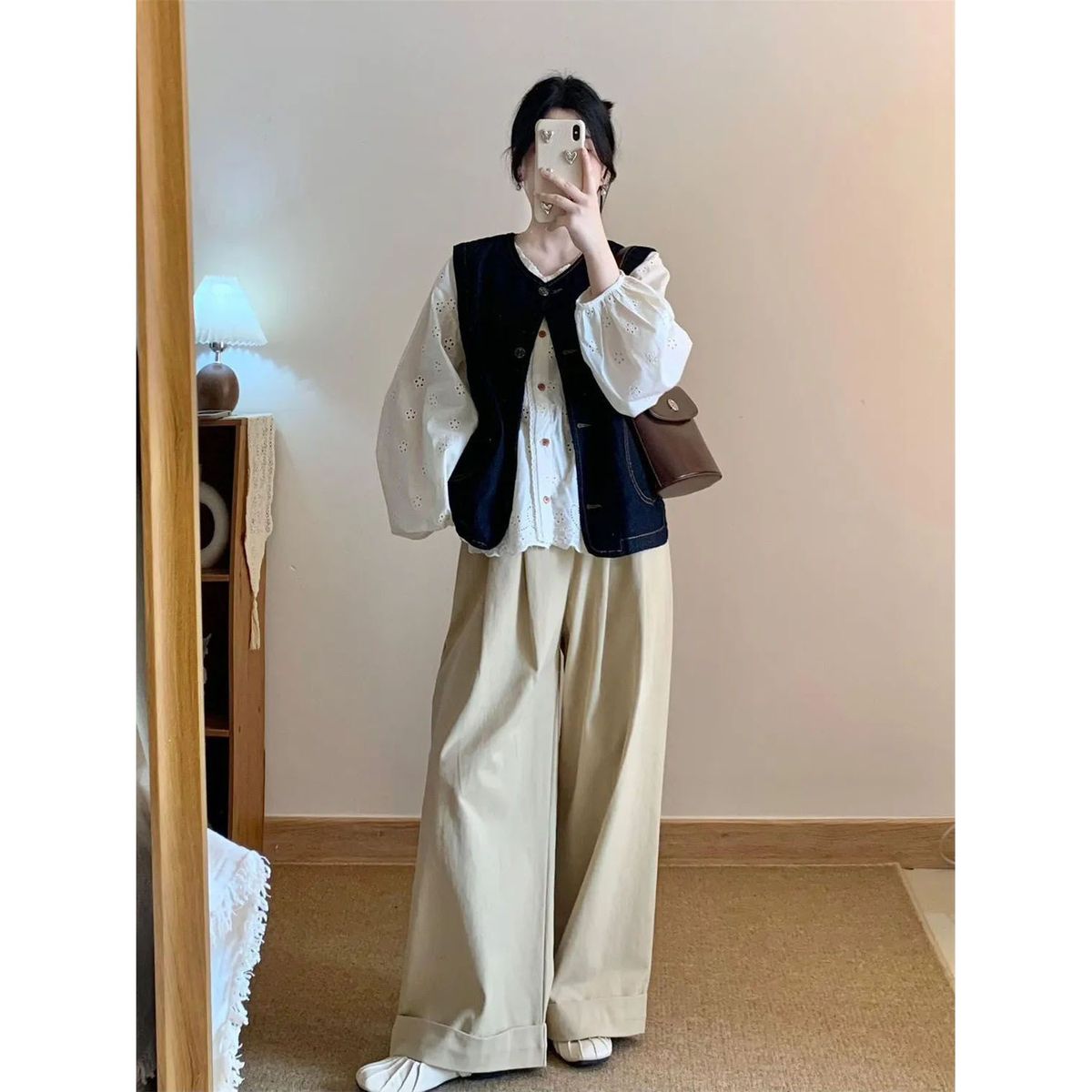 Chicco Early Autumn Full Set Outfit Korean Retro Denim Cardigan Vest For Women White Shirt + Loose Vertical Wide-Leg Pants_mkmklike.com
