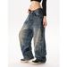 Men's Clothing American Blue Laser-Washed Wide-Leg Jeans – Vintage Distressed Denim (Unisex, Oversized, Straight Cut, No-Stretch, Underground)_mkmklike.com