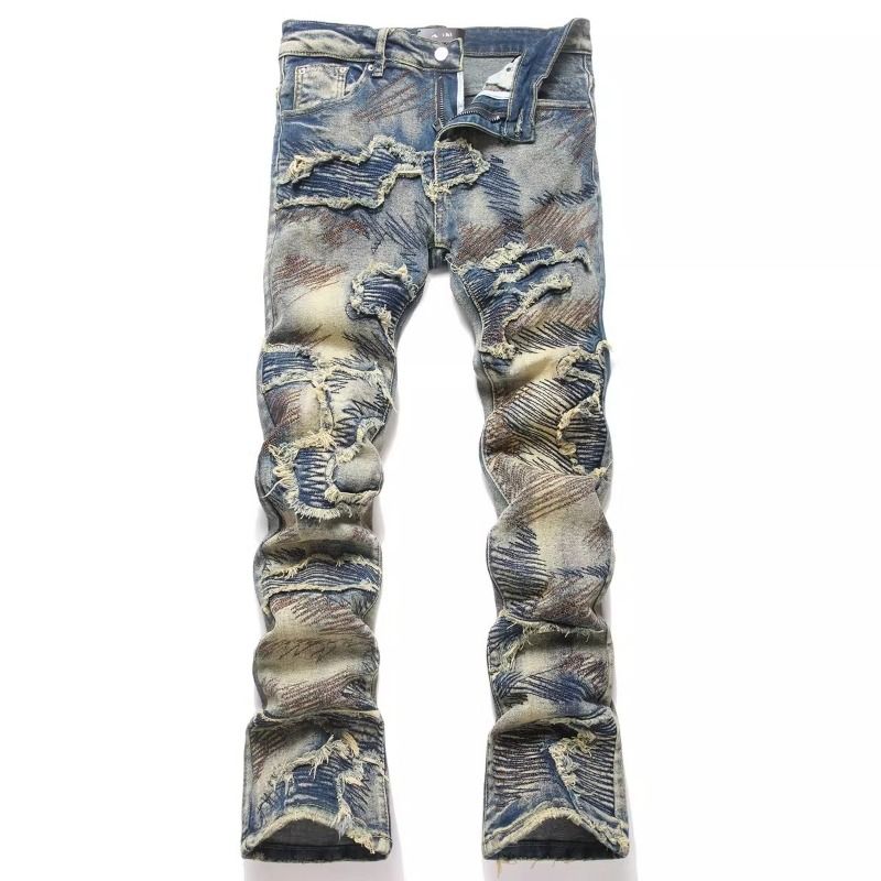 Unisex Vintage Punk Motorcycle Stacked Flared Jeans, Heavy Mud-Wash With Layered Frayed Rips & Stripe Lining, Breathable For Summer_mkmklike.com