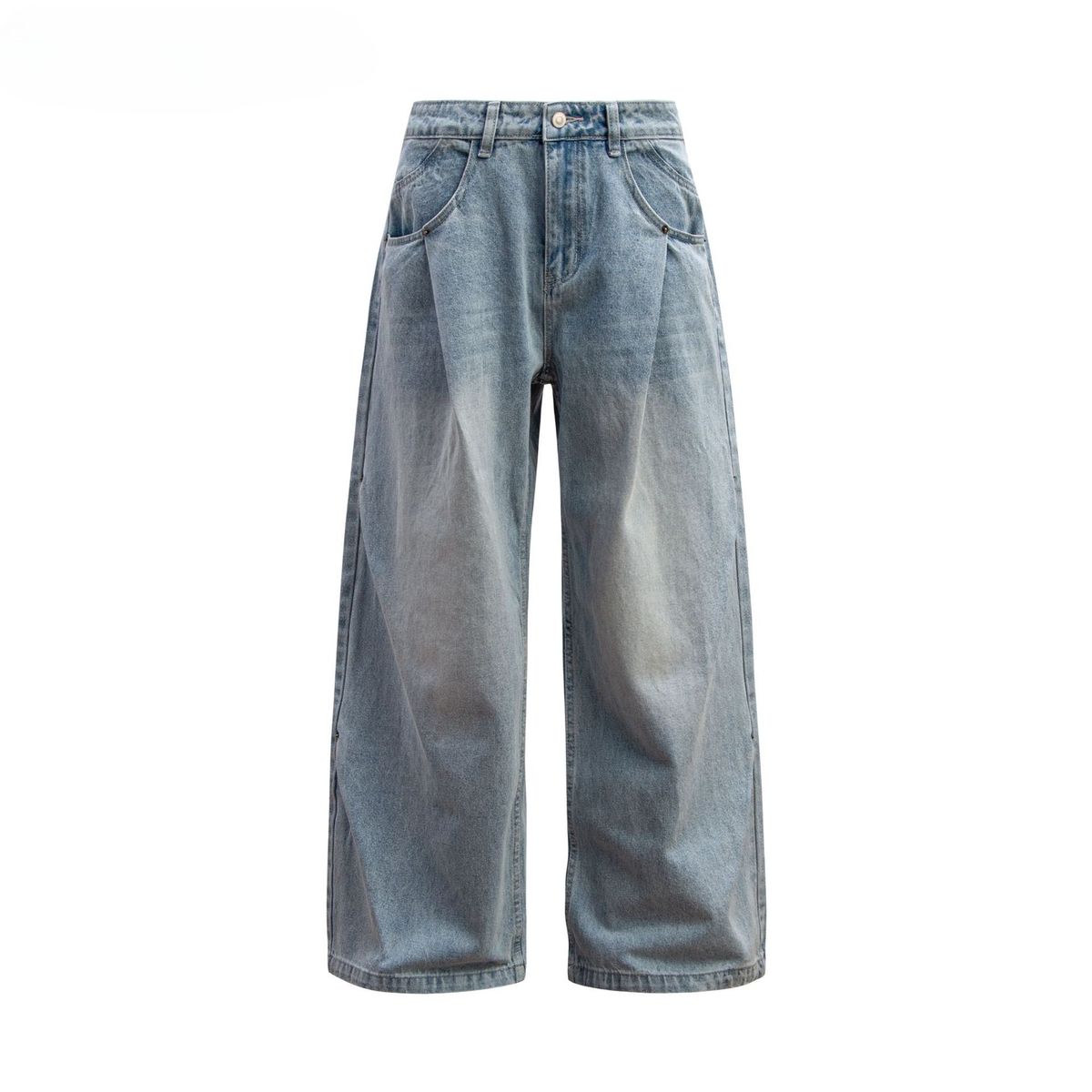 Men's Clothing Retro Washed Old Double Pleated Jeans Trendy Loose Baggy Wide Leg Mopping Casual Trousers_mkmklike.com