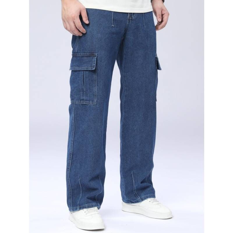 Men's Relaxed Fit Cargo Jeans – Dark Blue Utility Denim With Multi-Pockets, Wide Leg Comfort & Streetwear Versatility_mkmklike.com