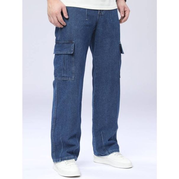 Men's Relaxed Fit Cargo Jeans – Dark Blue Utility Denim With Multi-Pockets, Wide Leg Comfort & Streetwear Versatility_mkmklike.com
