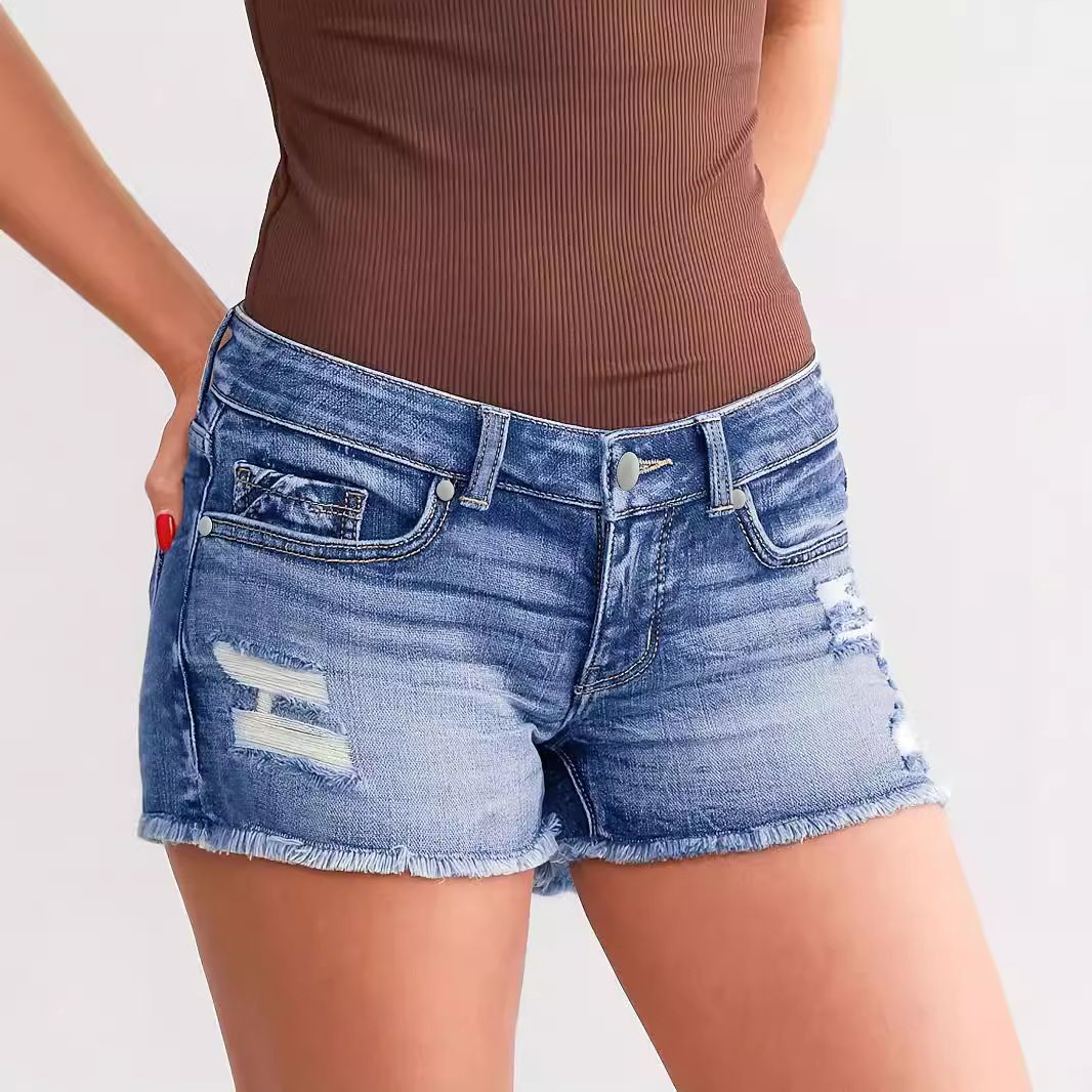 New Women's Clothing Ripped Denim Jeans Slim Fit Versatile Button Detail 2026 Trendy Distressed Casual Shorts_mkmklike.com
