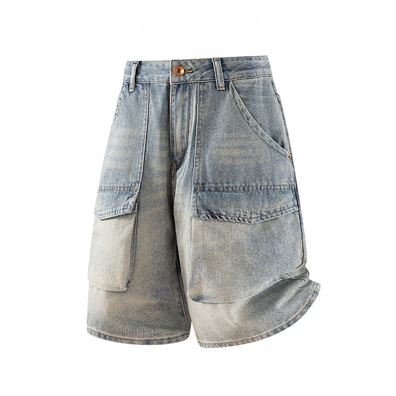 Men's Japanese Style Washed Cargo Denim Shorts Summer Loose Straight Leg Casual Versatile Shorts_mkmklike.com